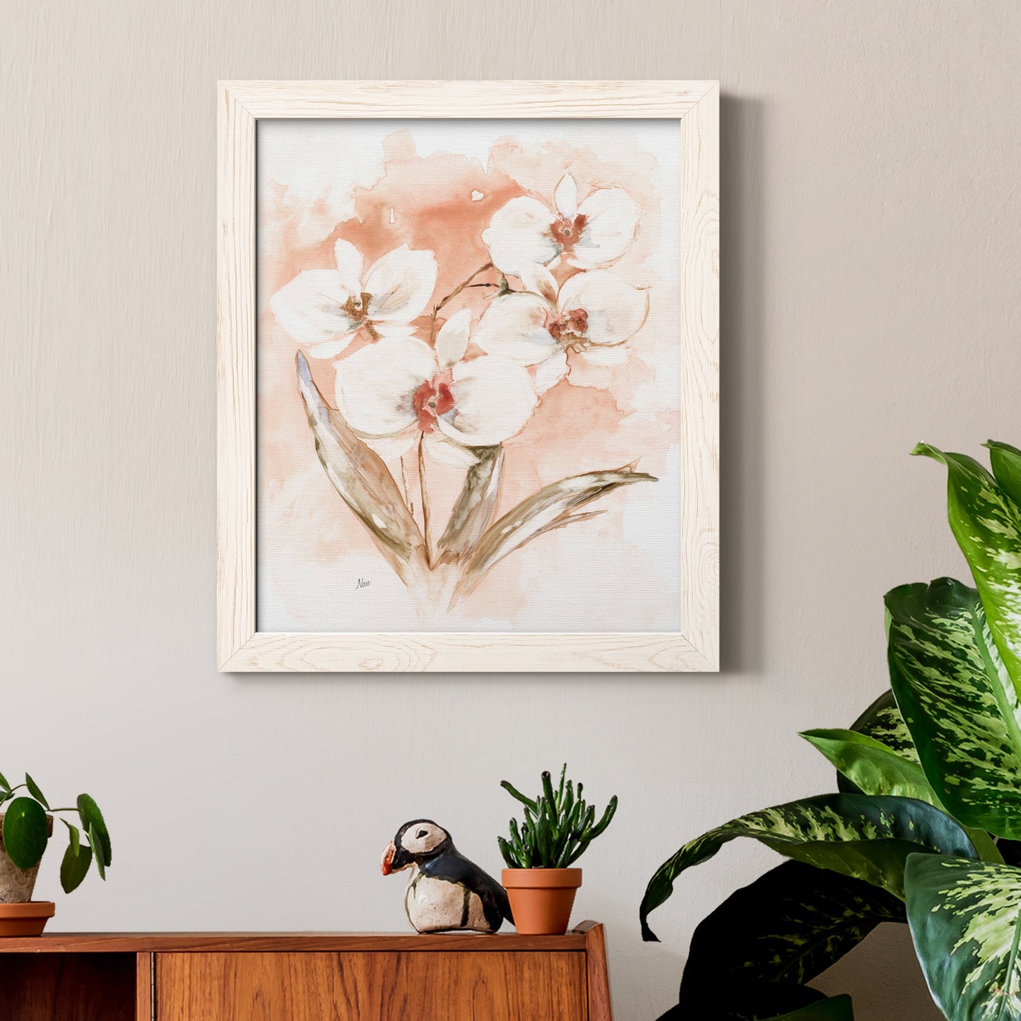 White and Coral Orchid I - Barnwood Framed Canvas Print