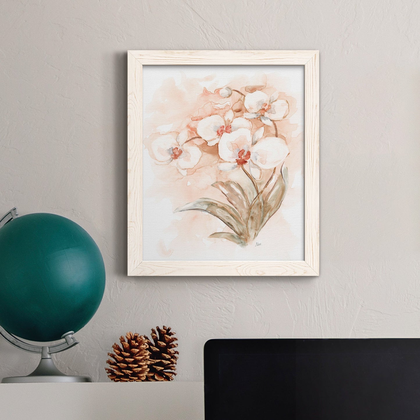 White and Coral Orchid II - Barnwood Framed Canvas Print