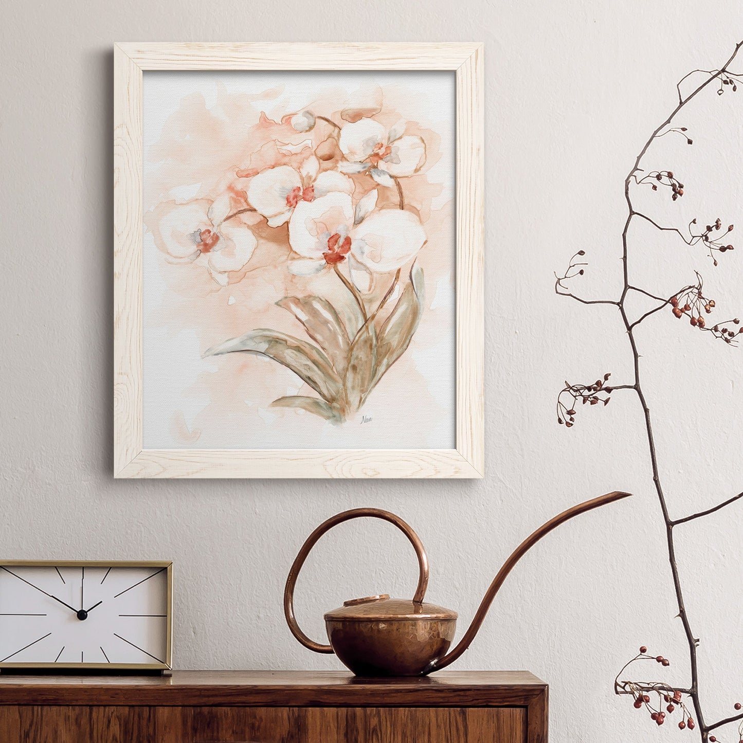 White and Coral Orchid II - Barnwood Framed Canvas Print