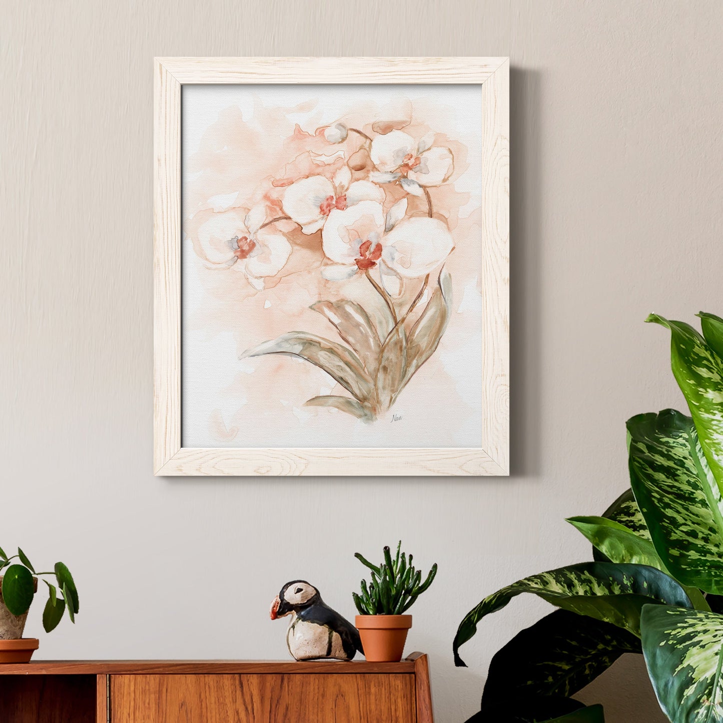 White and Coral Orchid II - Barnwood Framed Canvas Print