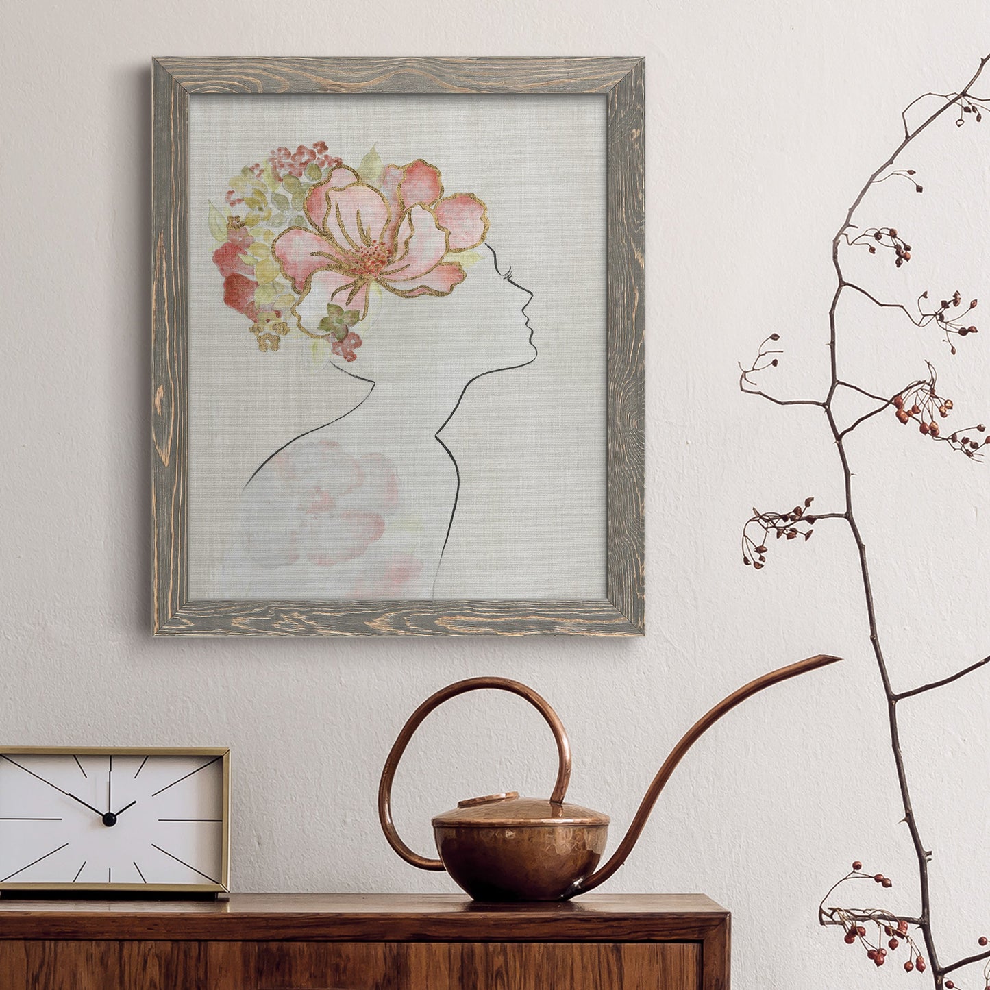 Fashion Floral Silhouette I - Barnwood Framed Canvas Print