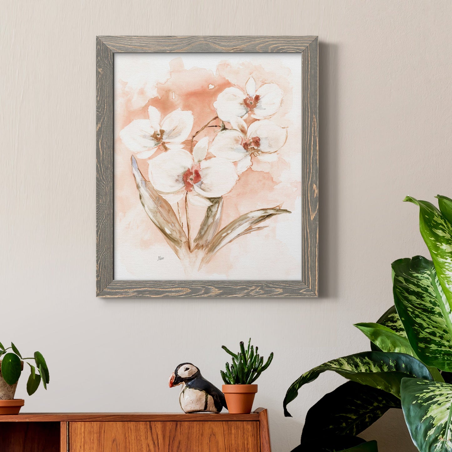 White and Coral Orchid I - Barnwood Framed Canvas Print