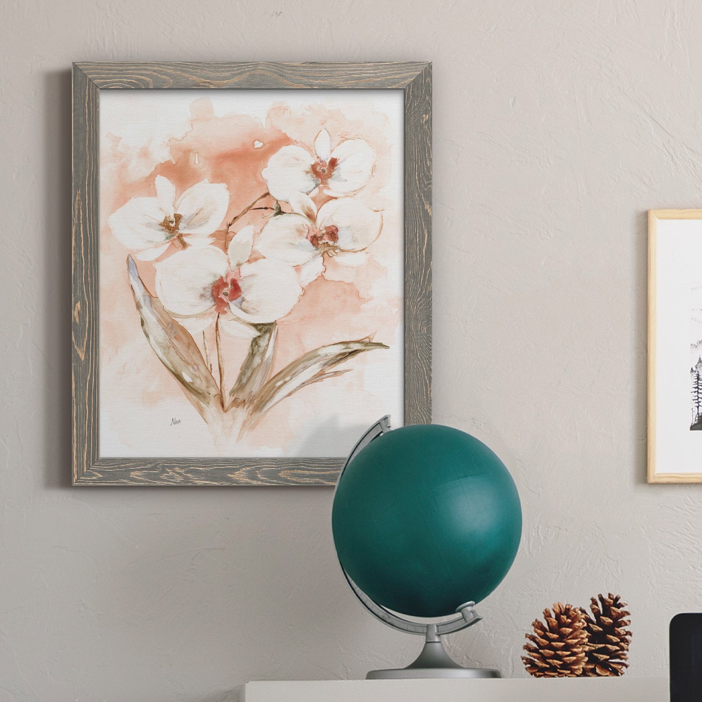 White and Coral Orchid I - Barnwood Framed Canvas Print