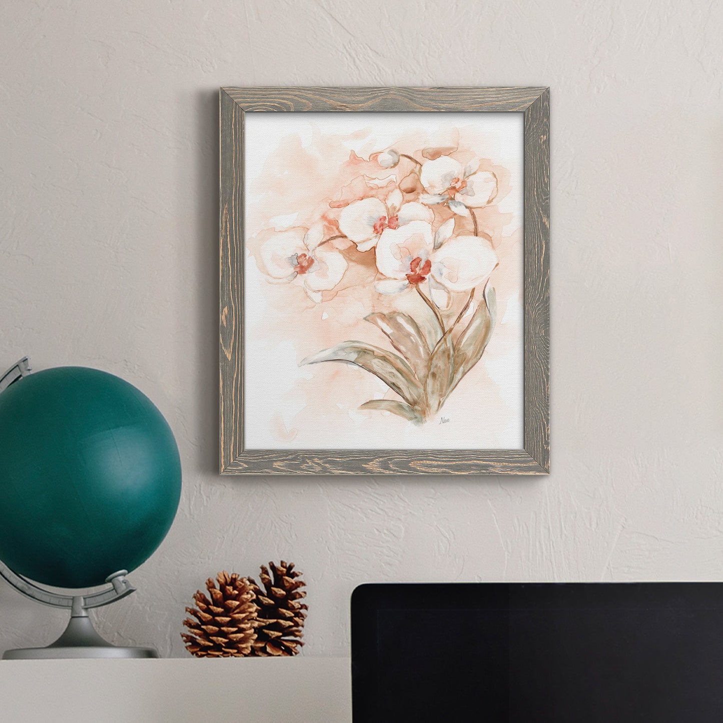 White and Coral Orchid II - Barnwood Framed Canvas Print