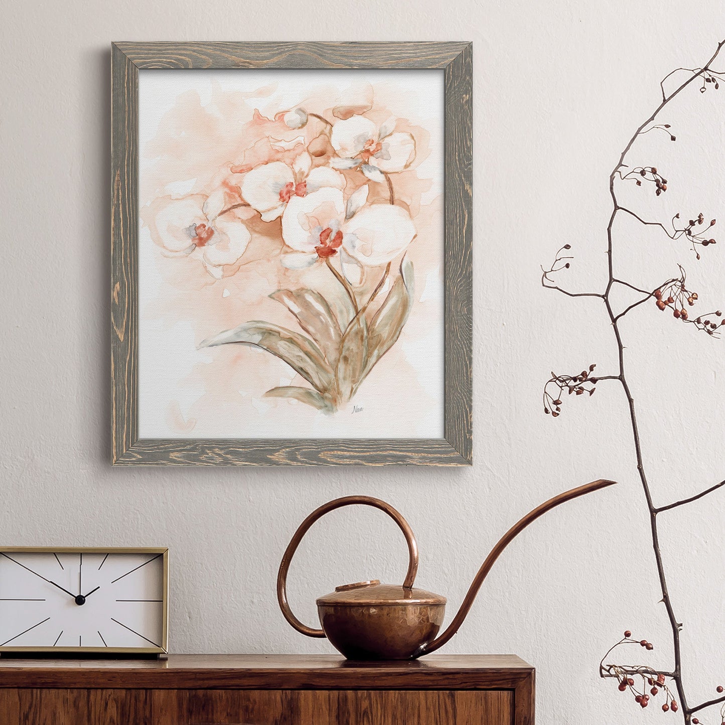 White and Coral Orchid II - Barnwood Framed Canvas Print