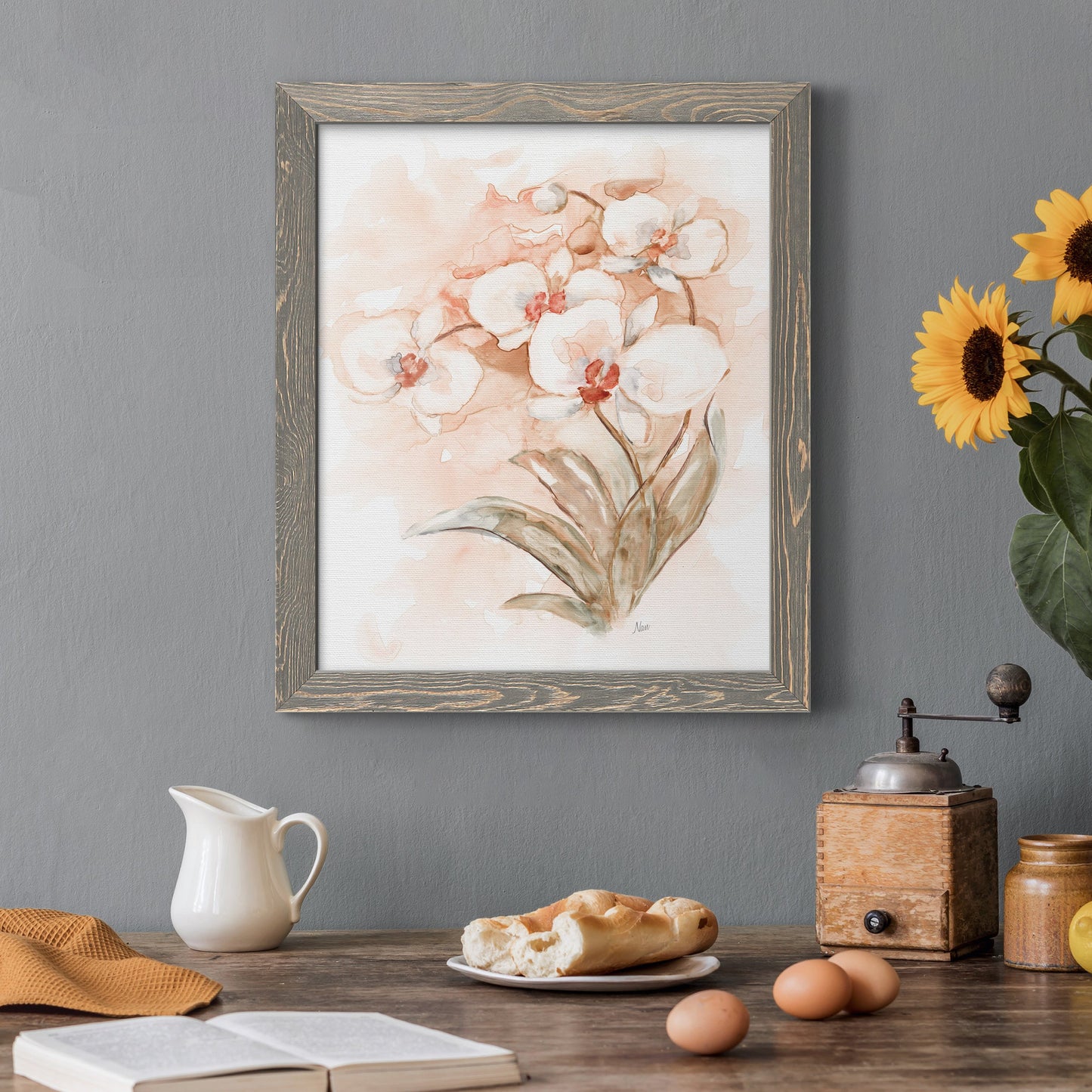 White and Coral Orchid II - Barnwood Framed Canvas Print
