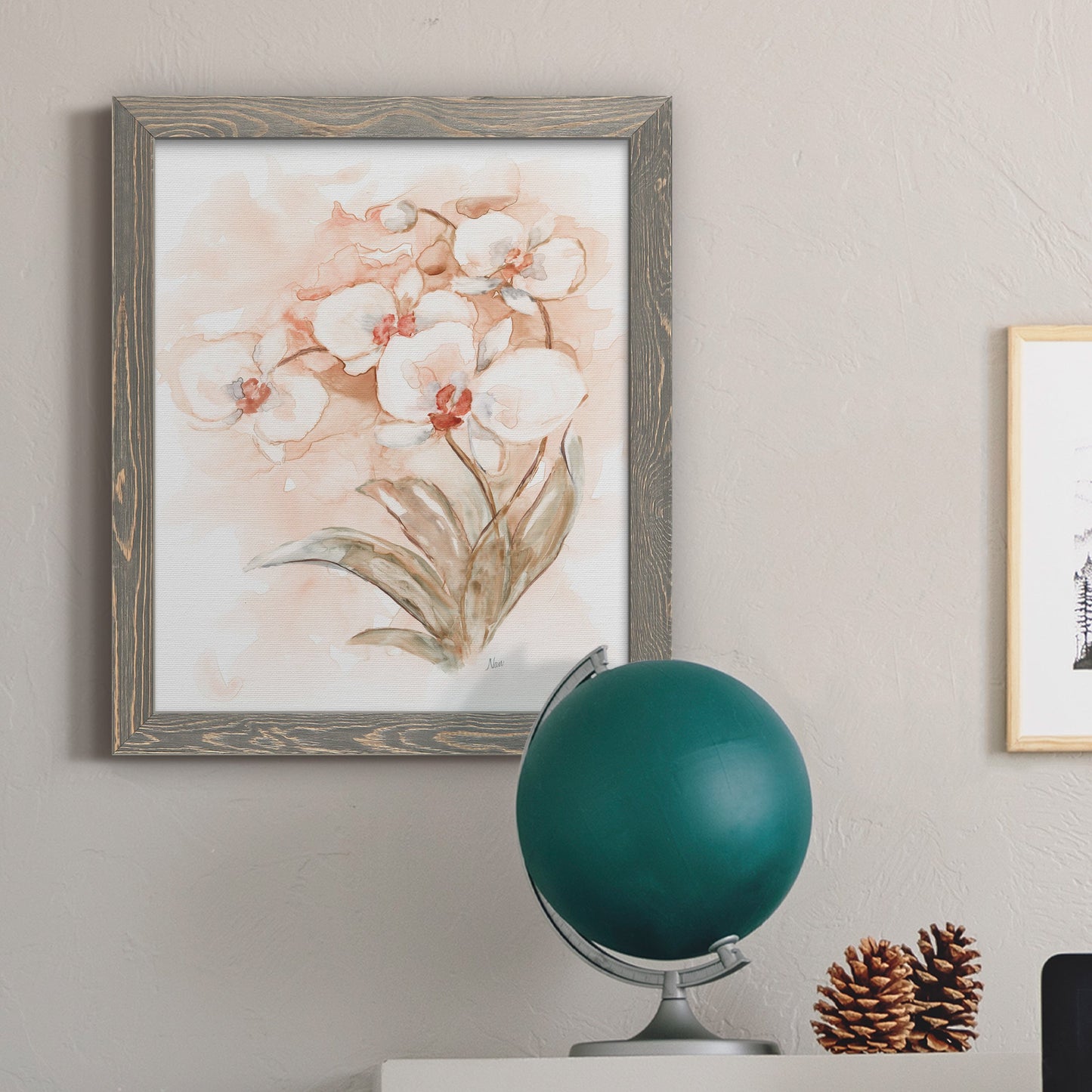 White and Coral Orchid II - Barnwood Framed Canvas Print