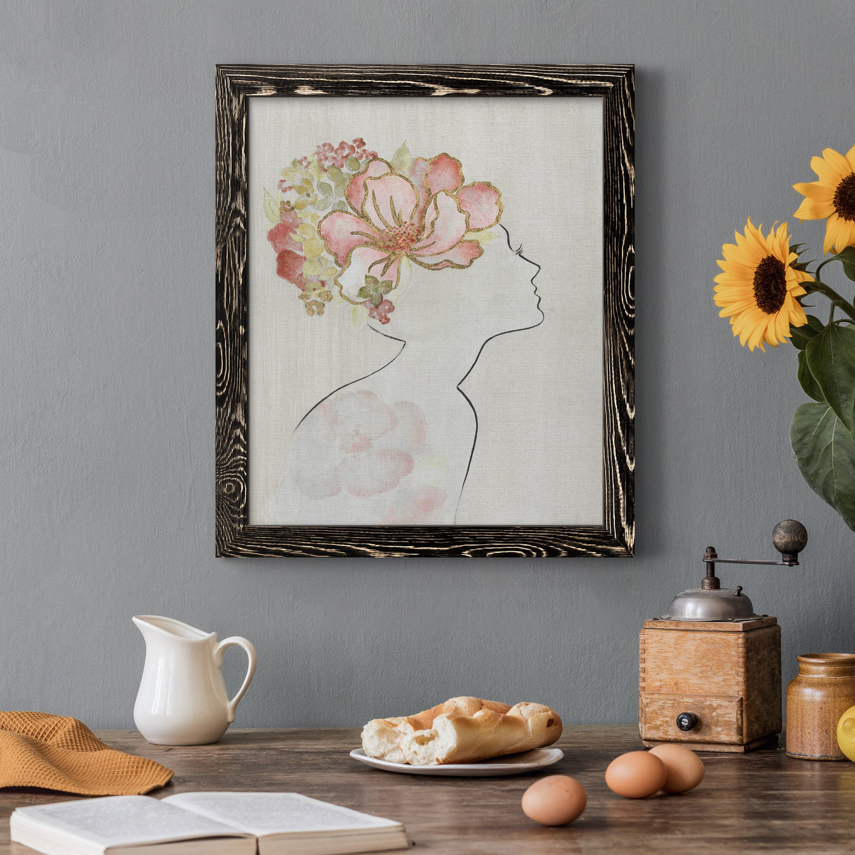 Fashion Floral Silhouette I - Barnwood Framed Canvas Print
