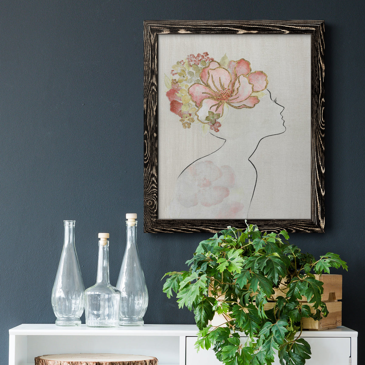 Fashion Floral Silhouette I - Barnwood Framed Canvas Print