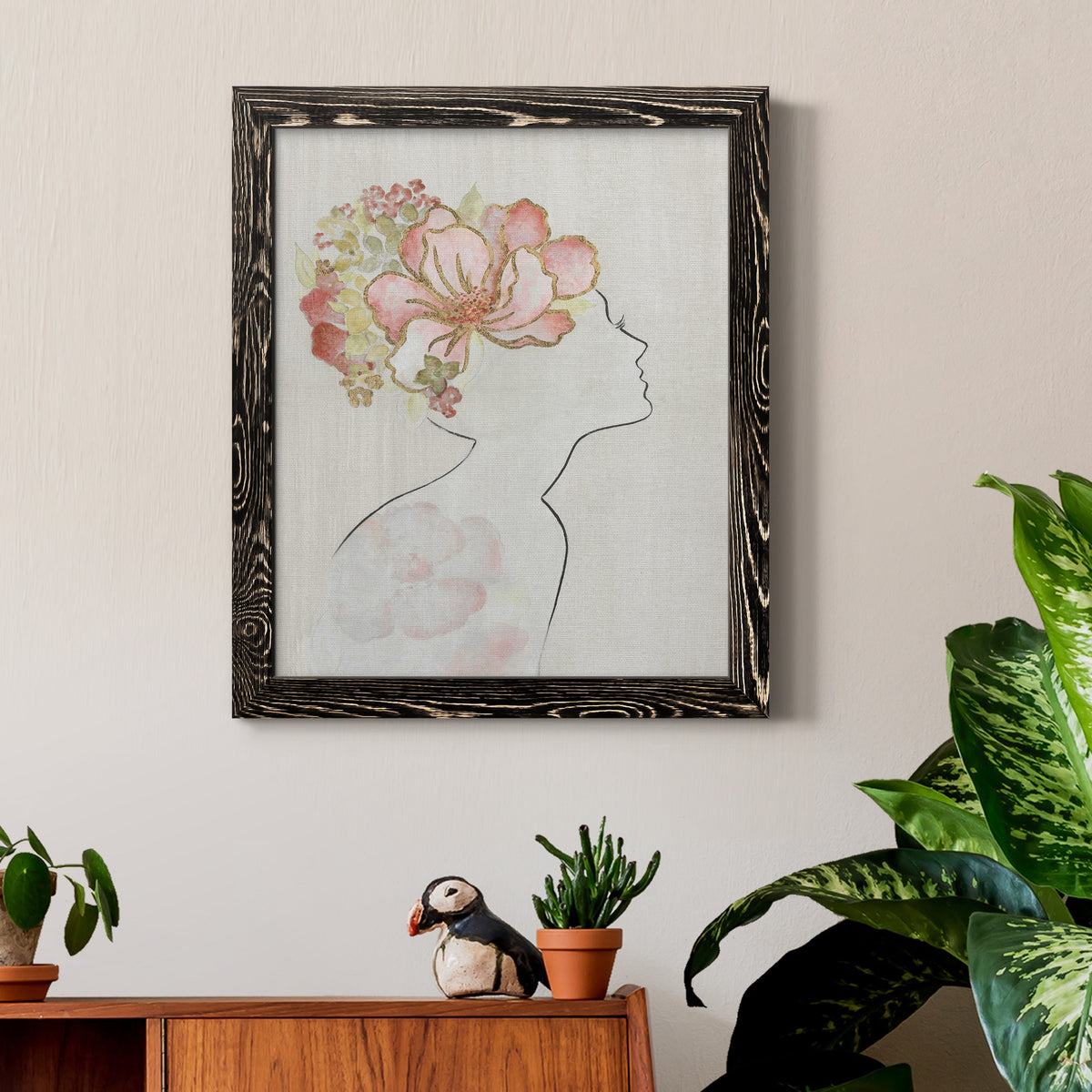 Fashion Floral Silhouette I - Barnwood Framed Canvas Print
