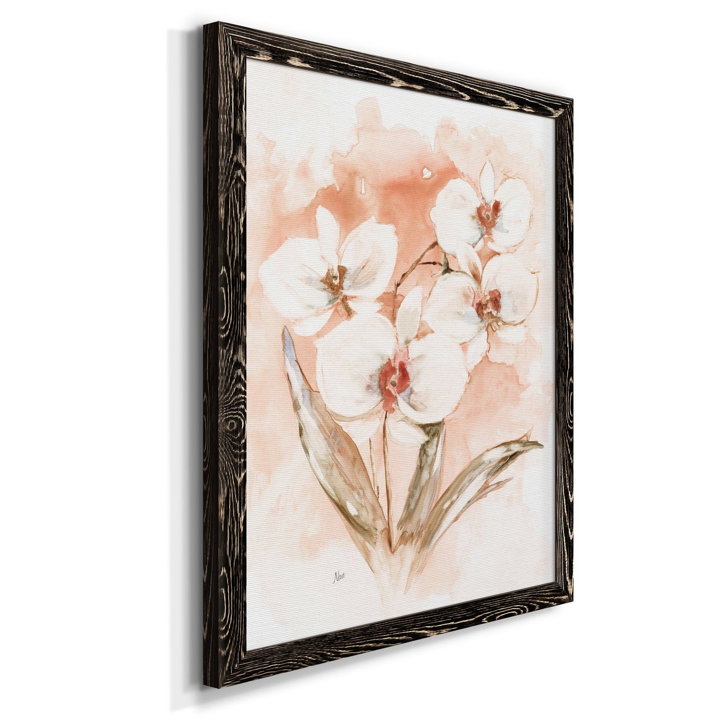 White and Coral Orchid I - Barnwood Framed Canvas Print