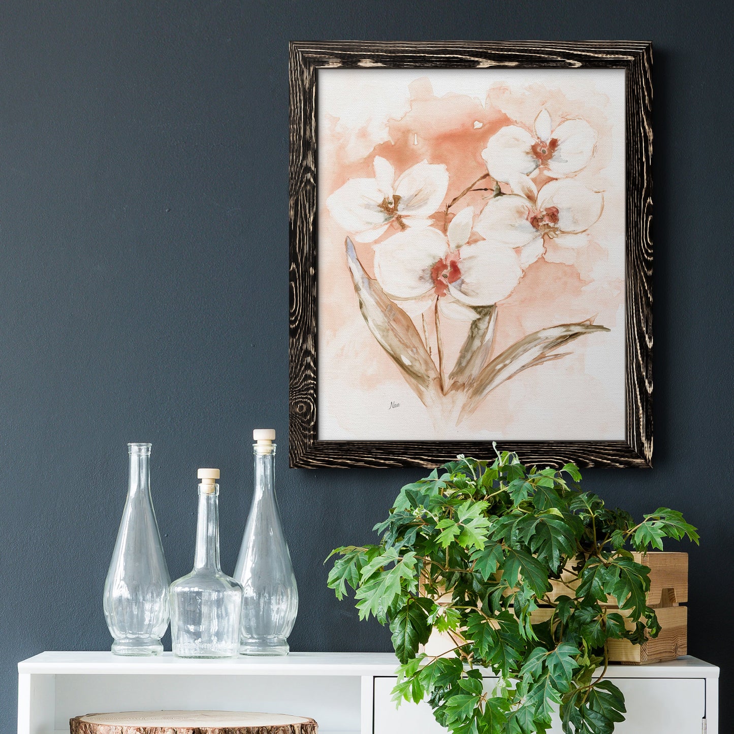 White and Coral Orchid I - Barnwood Framed Canvas Print