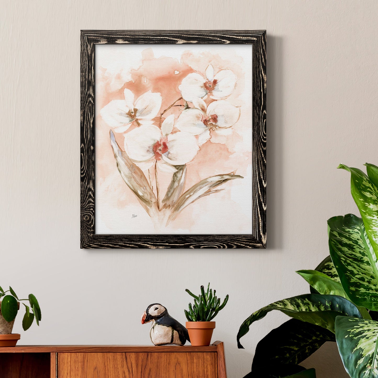 White and Coral Orchid I - Barnwood Framed Canvas Print