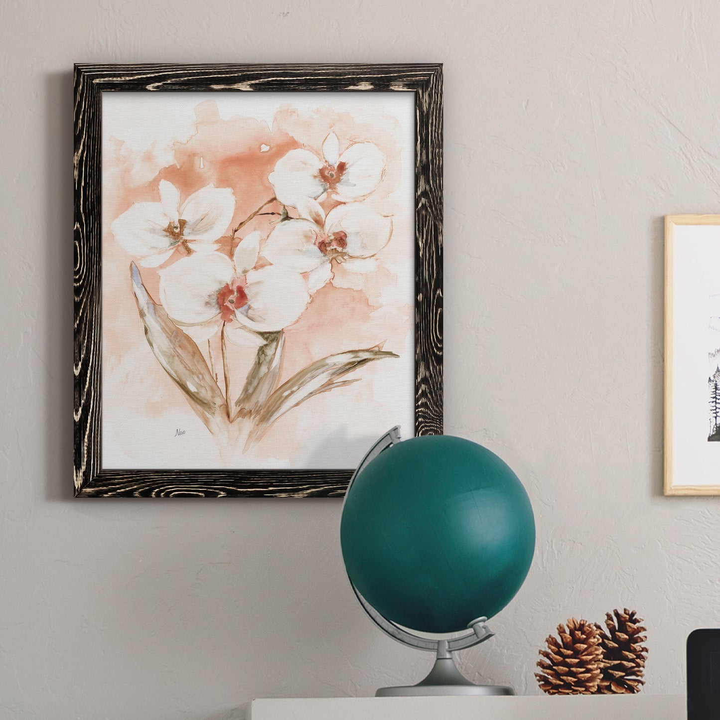 White and Coral Orchid I - Barnwood Framed Canvas Print