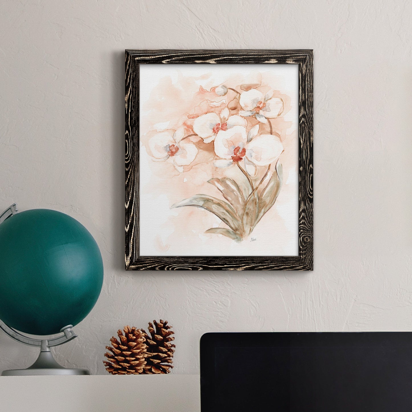 White and Coral Orchid II - Barnwood Framed Canvas Print