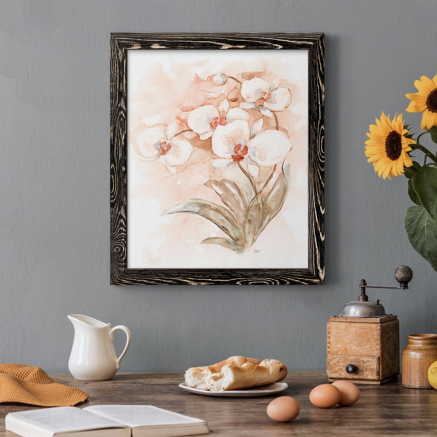 White and Coral Orchid II - Barnwood Framed Canvas Print