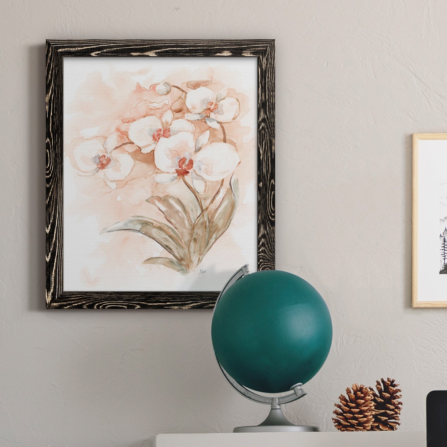 White and Coral Orchid II - Barnwood Framed Canvas Print