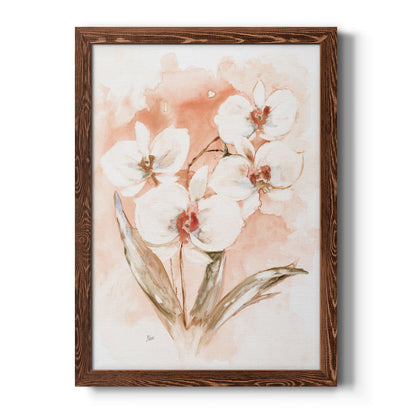 White and Coral Orchid I - Barnwood Framed Canvas Print