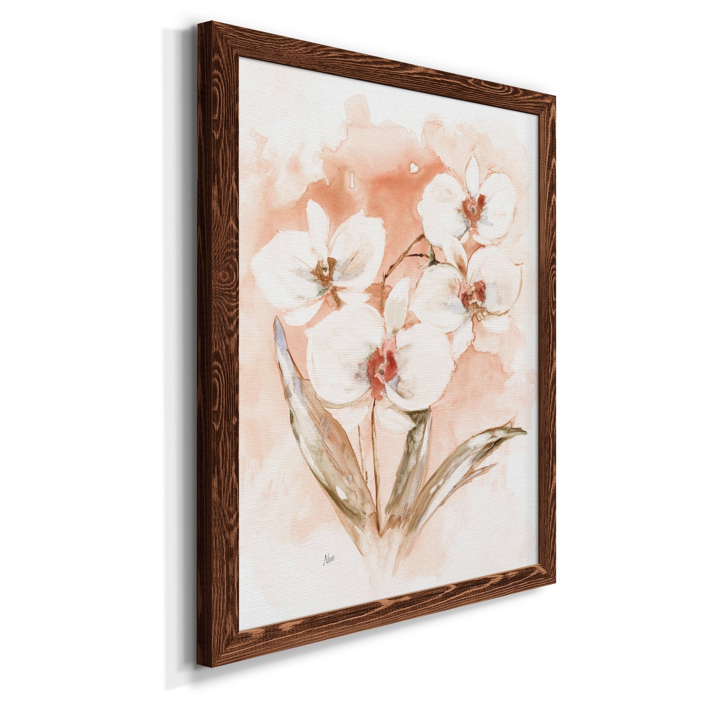 White and Coral Orchid I - Barnwood Framed Canvas Print