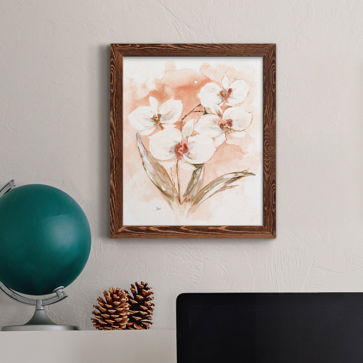 White and Coral Orchid I - Barnwood Framed Canvas Print
