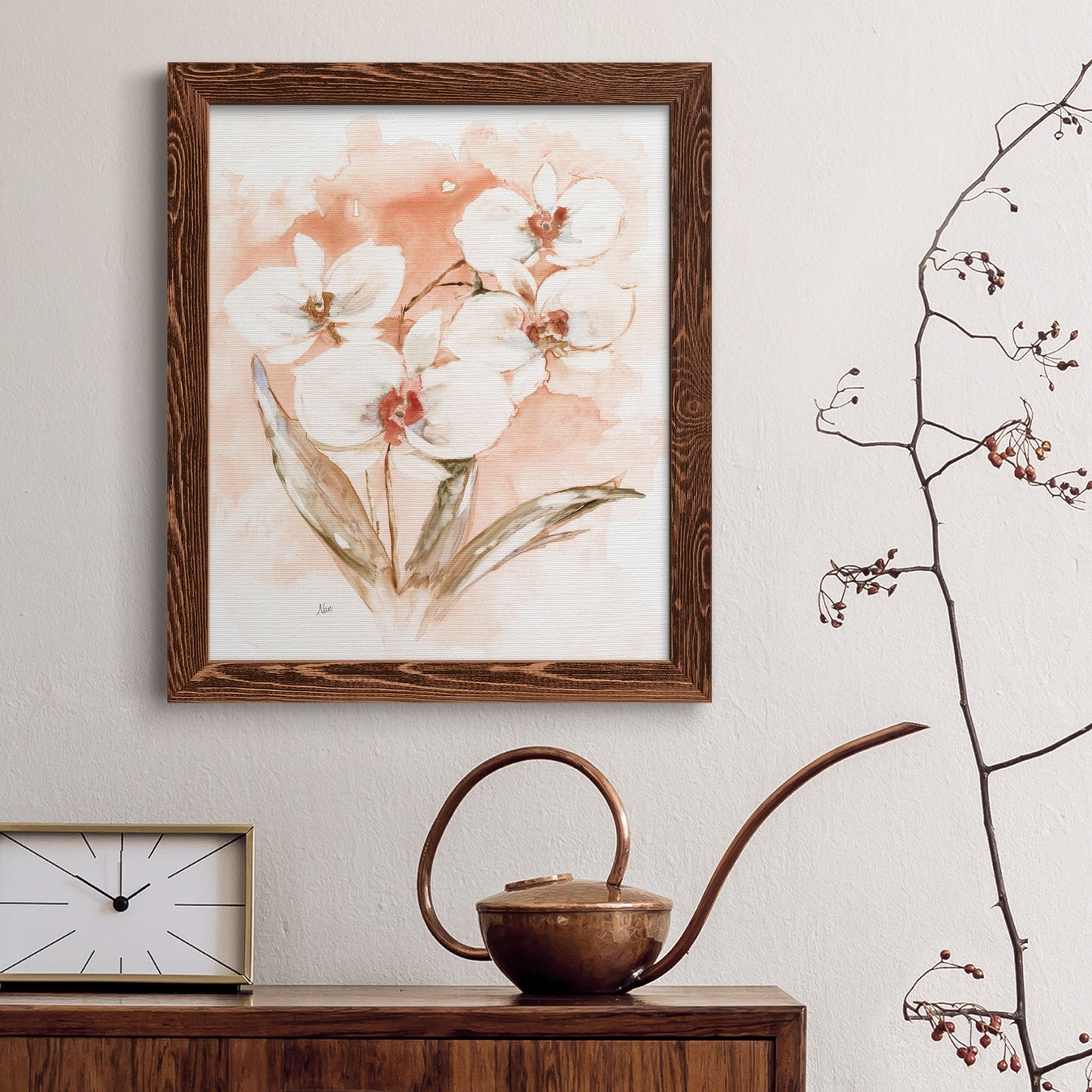 White and Coral Orchid I - Barnwood Framed Canvas Print