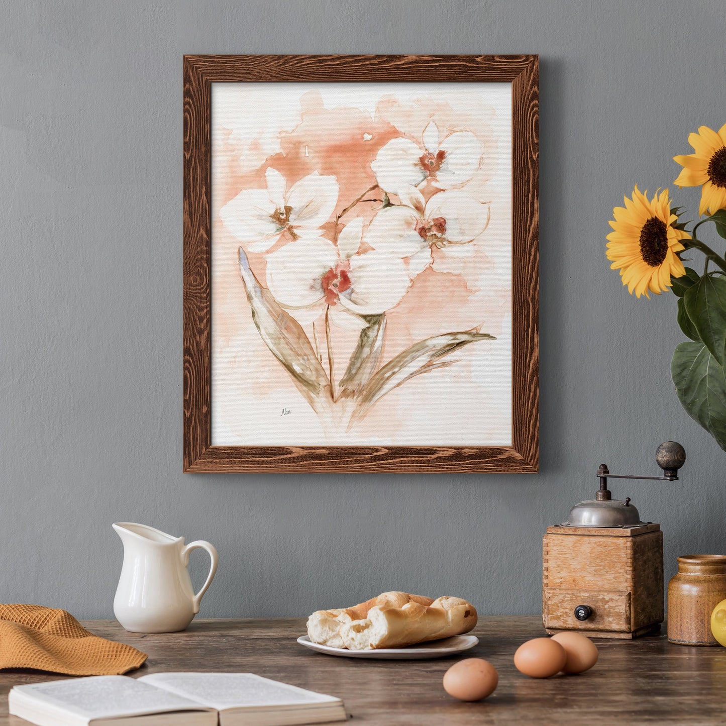 White and Coral Orchid I - Barnwood Framed Canvas Print