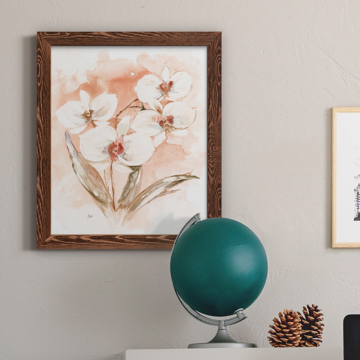 White and Coral Orchid I - Barnwood Framed Canvas Print