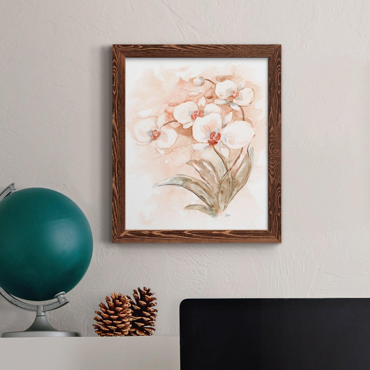 White and Coral Orchid II - Barnwood Framed Canvas Print