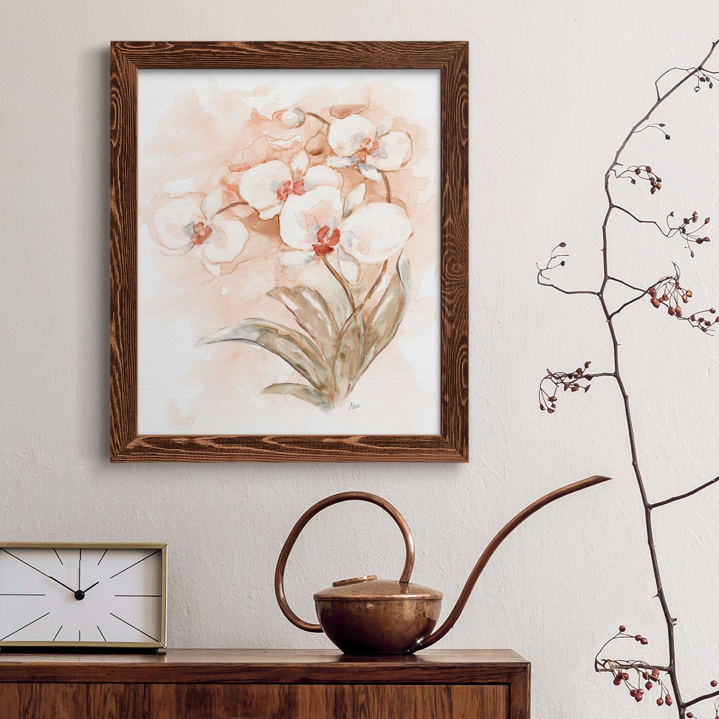 White and Coral Orchid II - Barnwood Framed Canvas Print