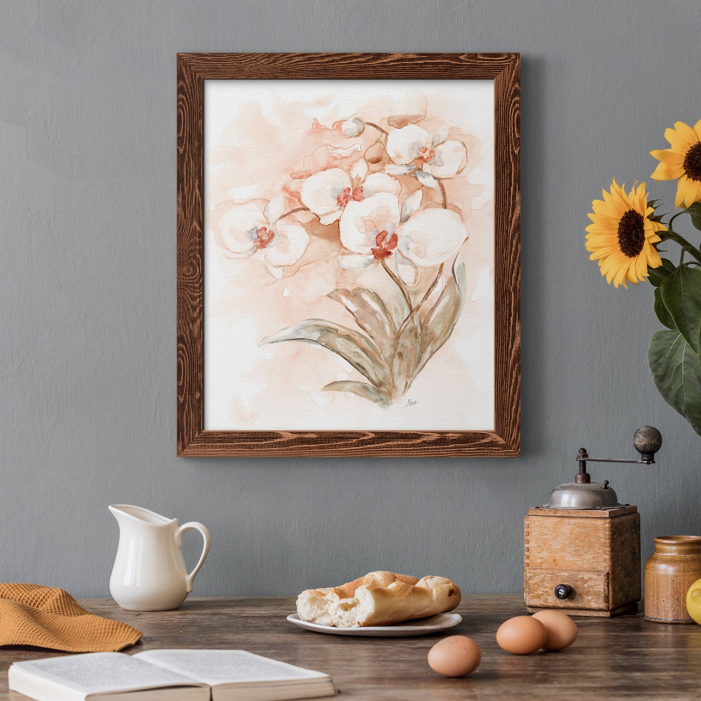 White and Coral Orchid II - Barnwood Framed Canvas Print