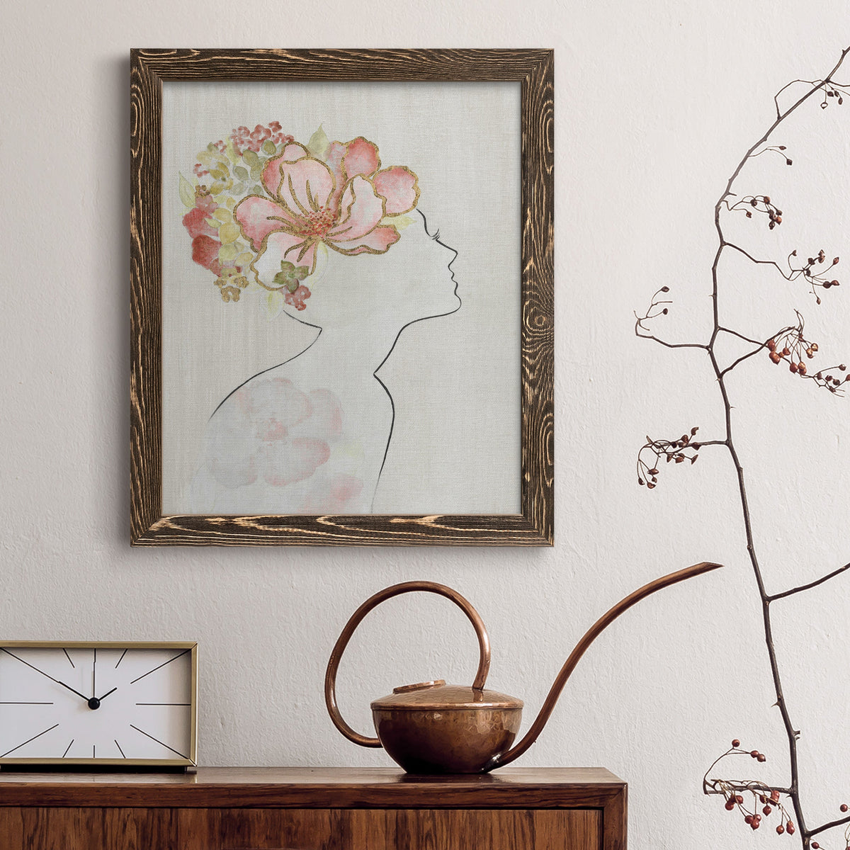 Fashion Floral Silhouette I - Barnwood Framed Canvas Print
