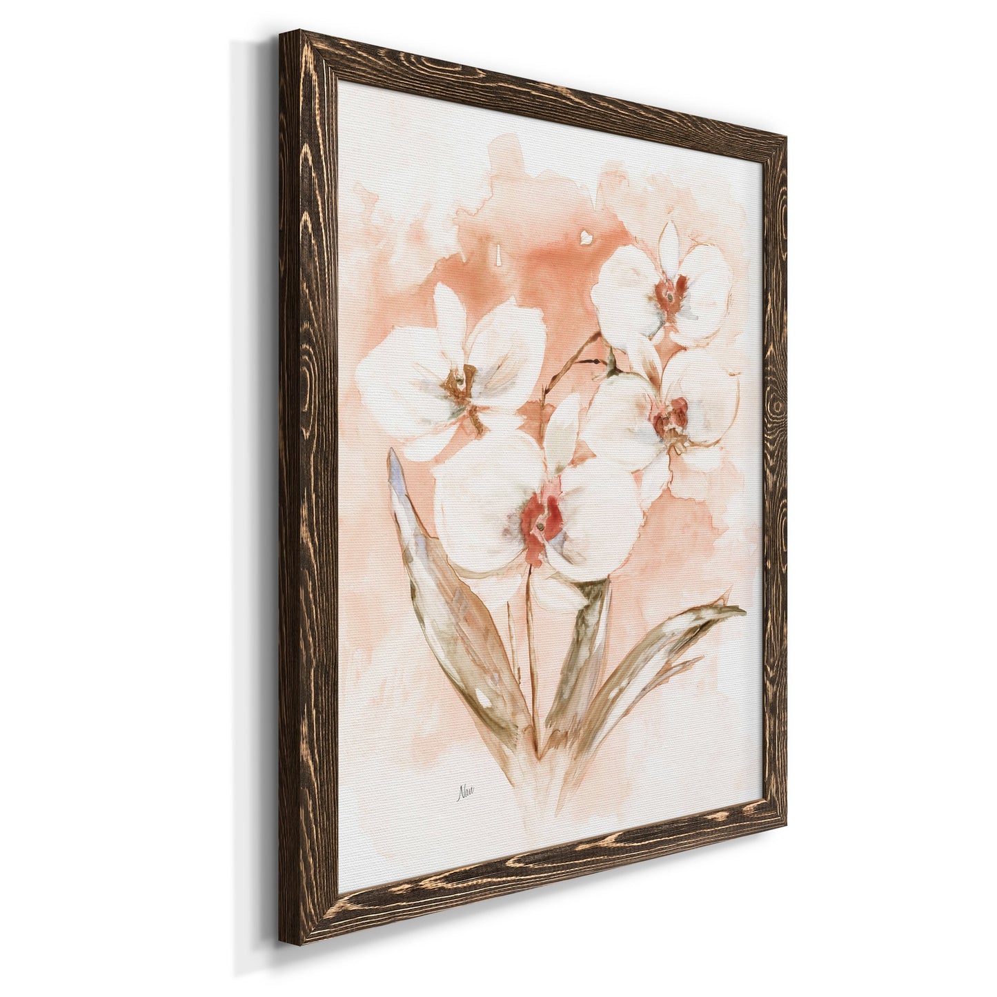 White and Coral Orchid I - Barnwood Framed Canvas Print