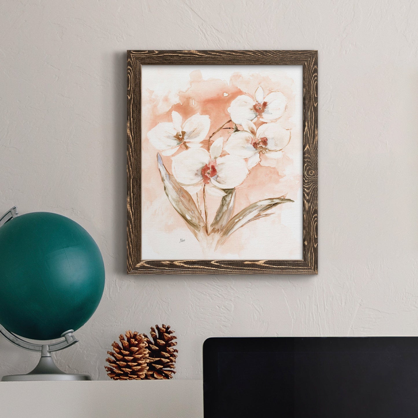 White and Coral Orchid I - Barnwood Framed Canvas Print