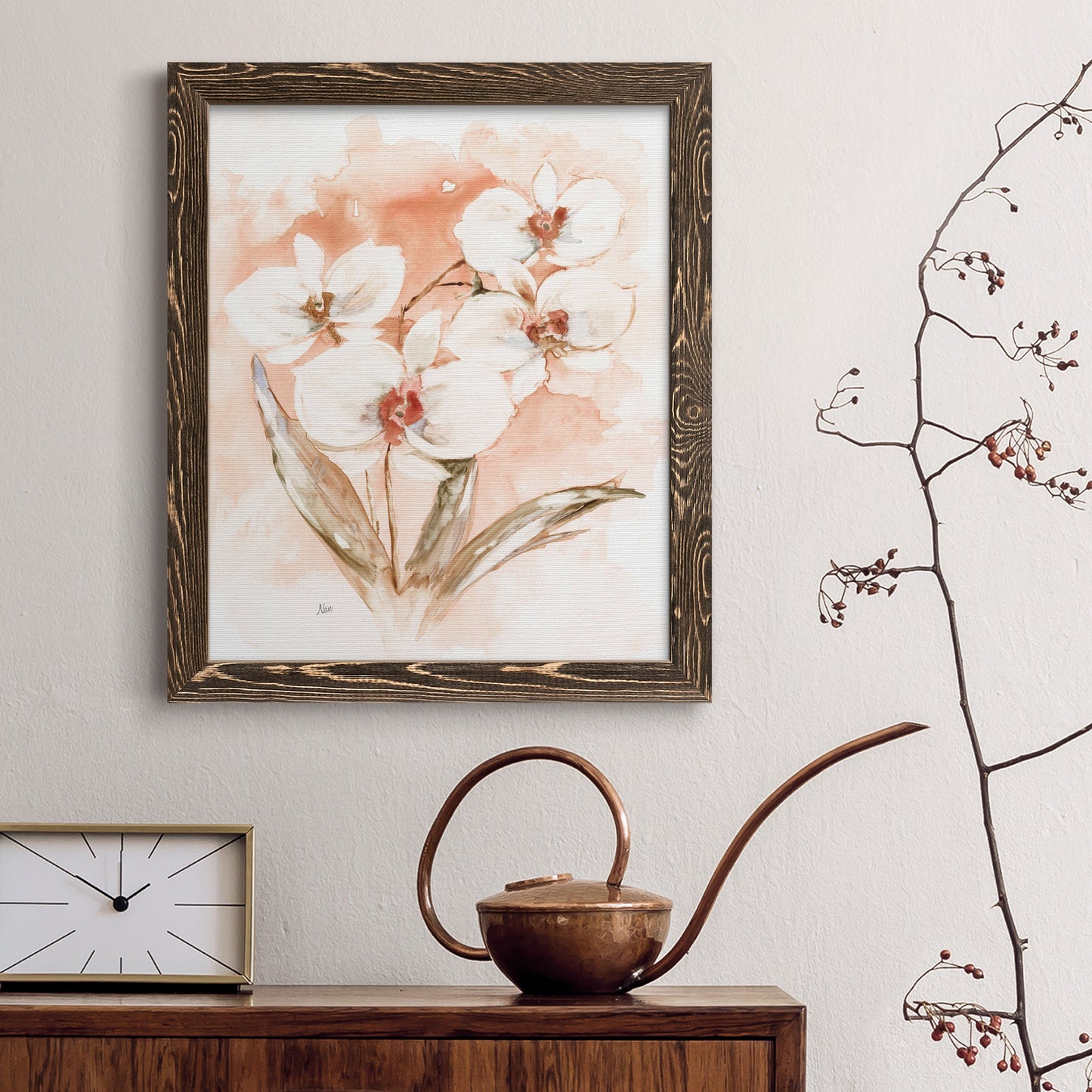 White and Coral Orchid I - Barnwood Framed Canvas Print
