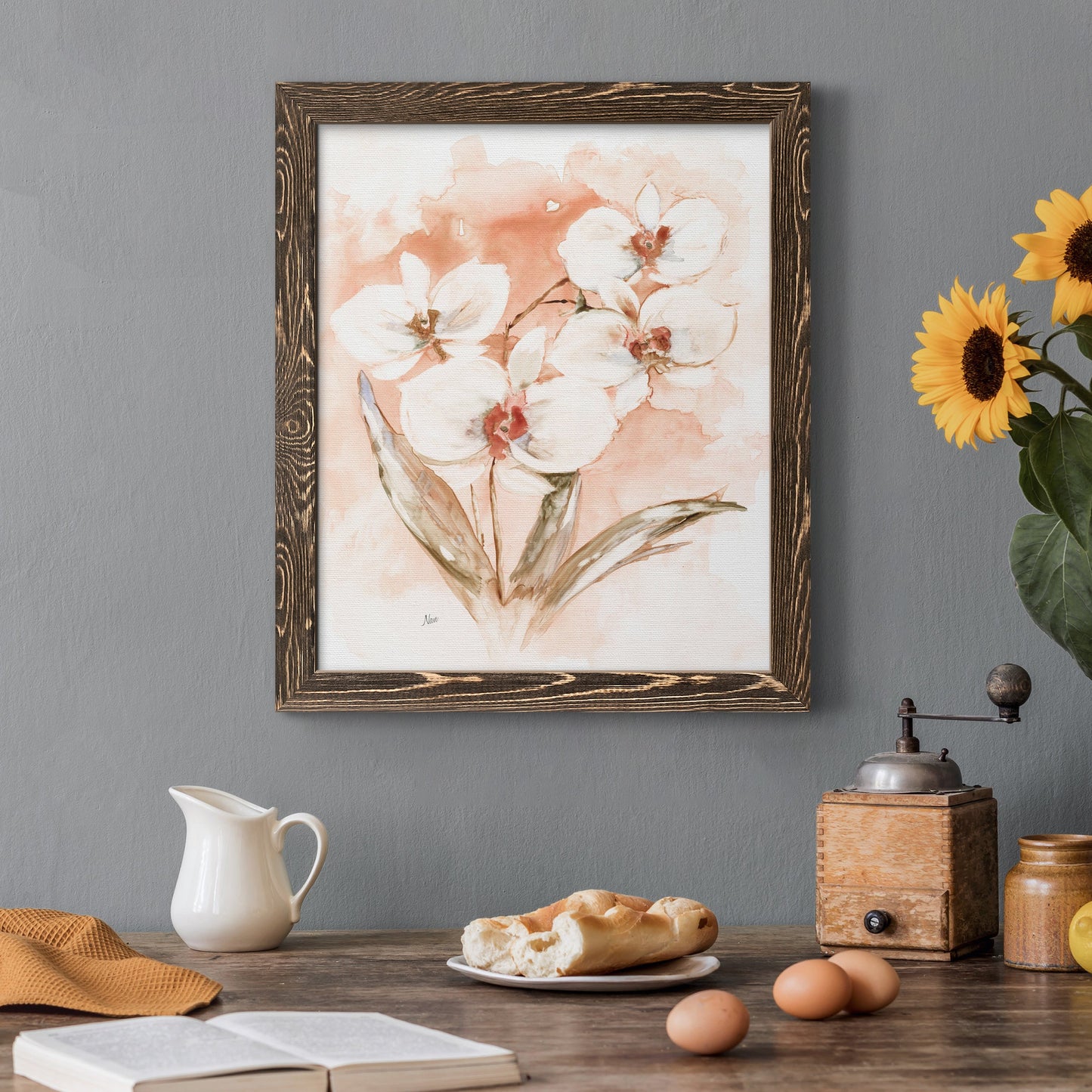White and Coral Orchid I - Barnwood Framed Canvas Print