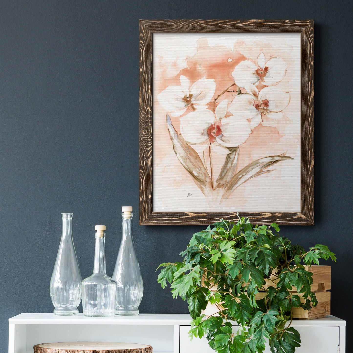 White and Coral Orchid I - Barnwood Framed Canvas Print
