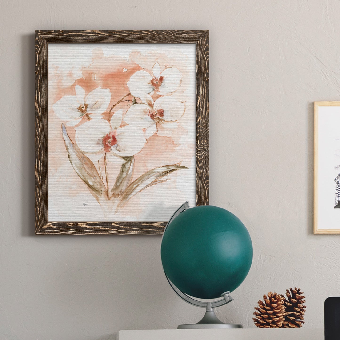 White and Coral Orchid I - Barnwood Framed Canvas Print