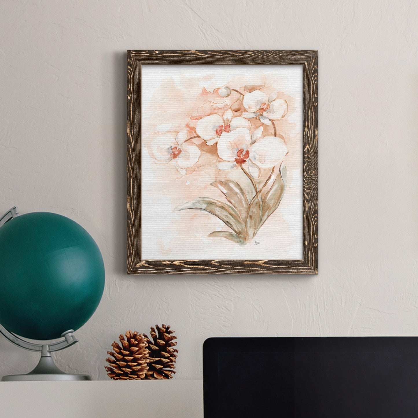 White and Coral Orchid II - Barnwood Framed Canvas Print