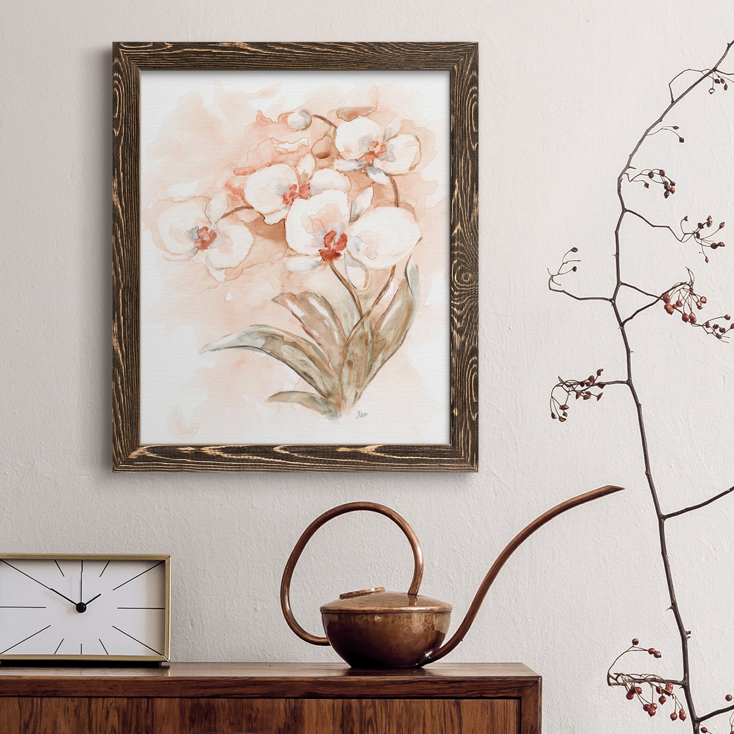 White and Coral Orchid II - Barnwood Framed Canvas Print