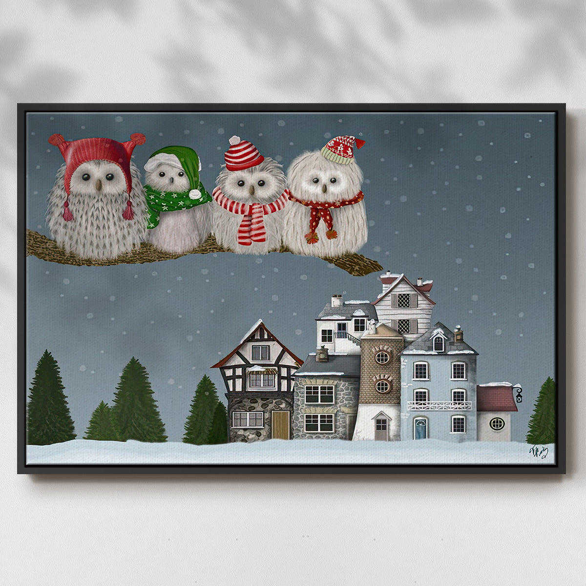 Christmas Owl Village - Floater Framed Canvas Print