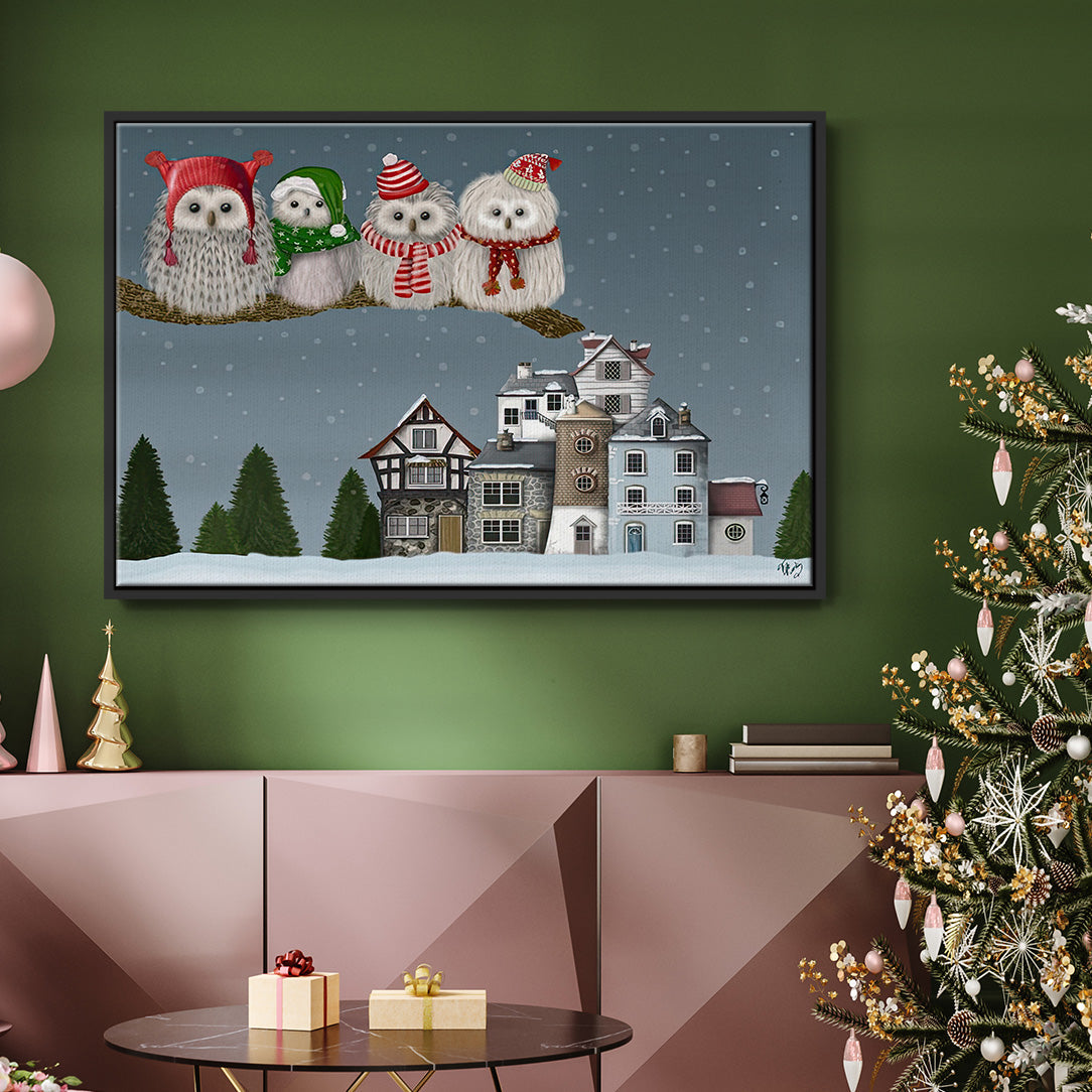 Christmas Owl Village - Floater Framed Canvas Print