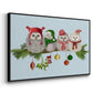 Fluffy Christmas Owls on Branch - Floater Framed Canvas Print