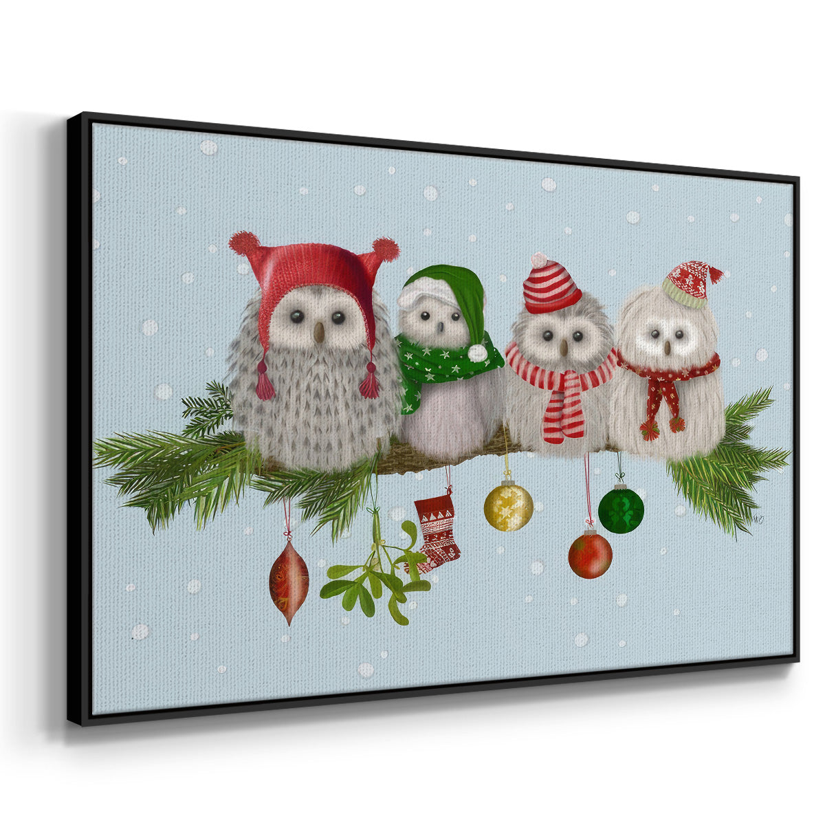 Fluffy Christmas Owls on Branch - Floater Framed Canvas Print