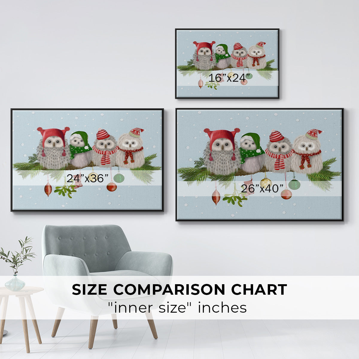 Fluffy Christmas Owls on Branch - Floater Framed Canvas Print