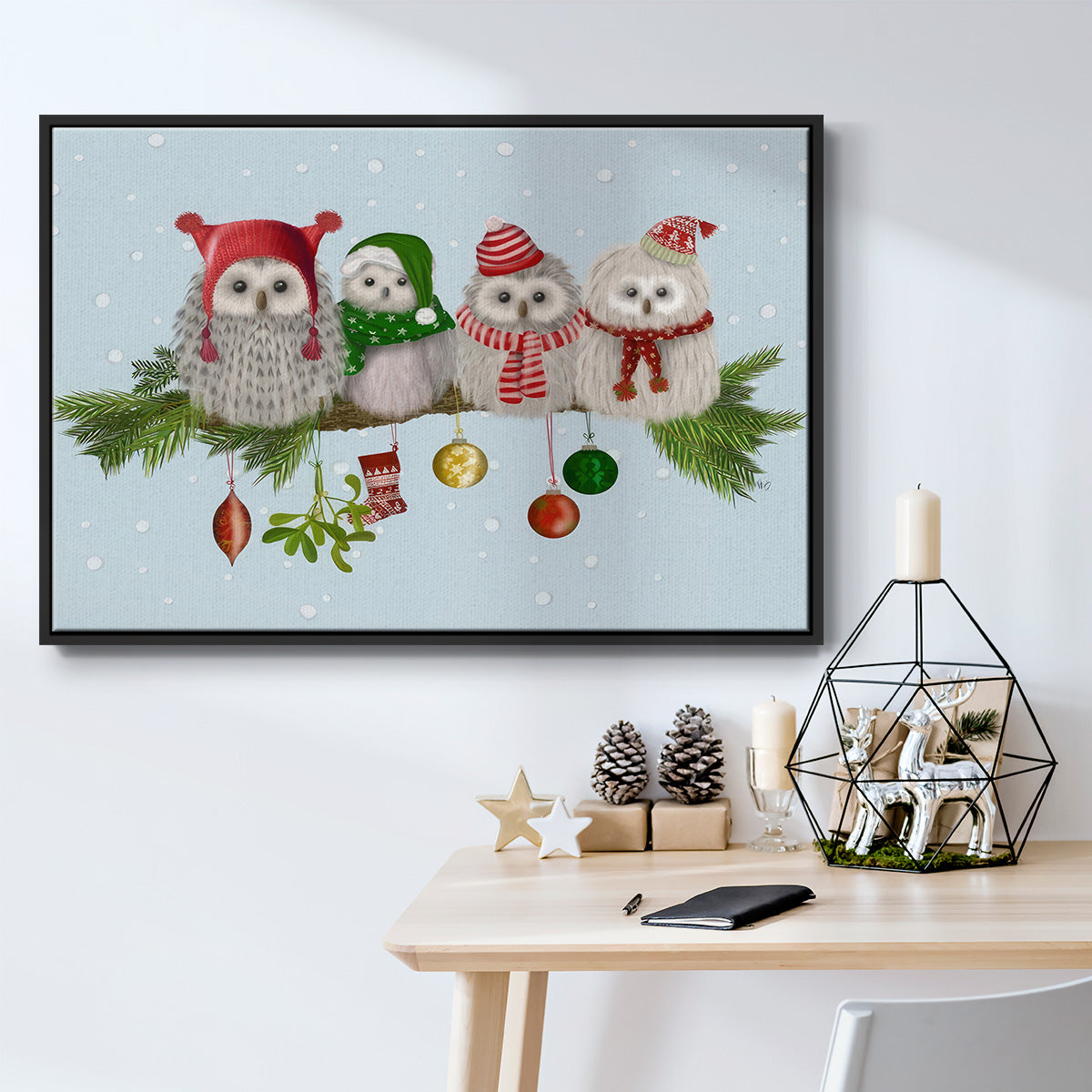 Fluffy Christmas Owls on Branch - Floater Framed Canvas Print