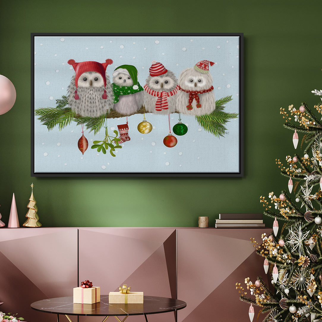 Fluffy Christmas Owls on Branch - Floater Framed Canvas Print