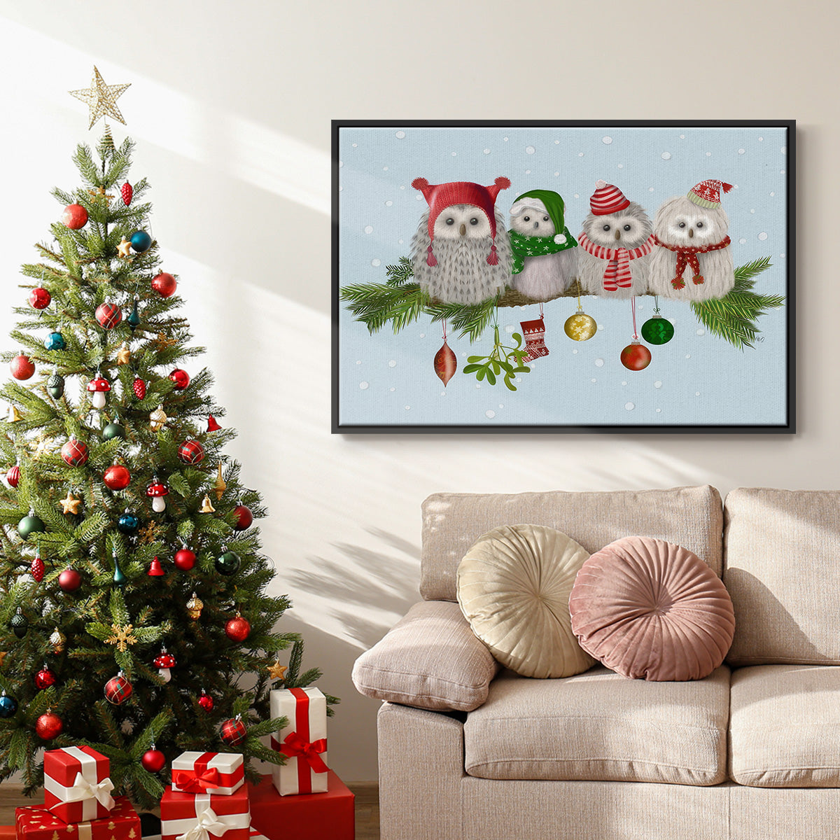 Fluffy Christmas Owls on Branch - Floater Framed Canvas Print