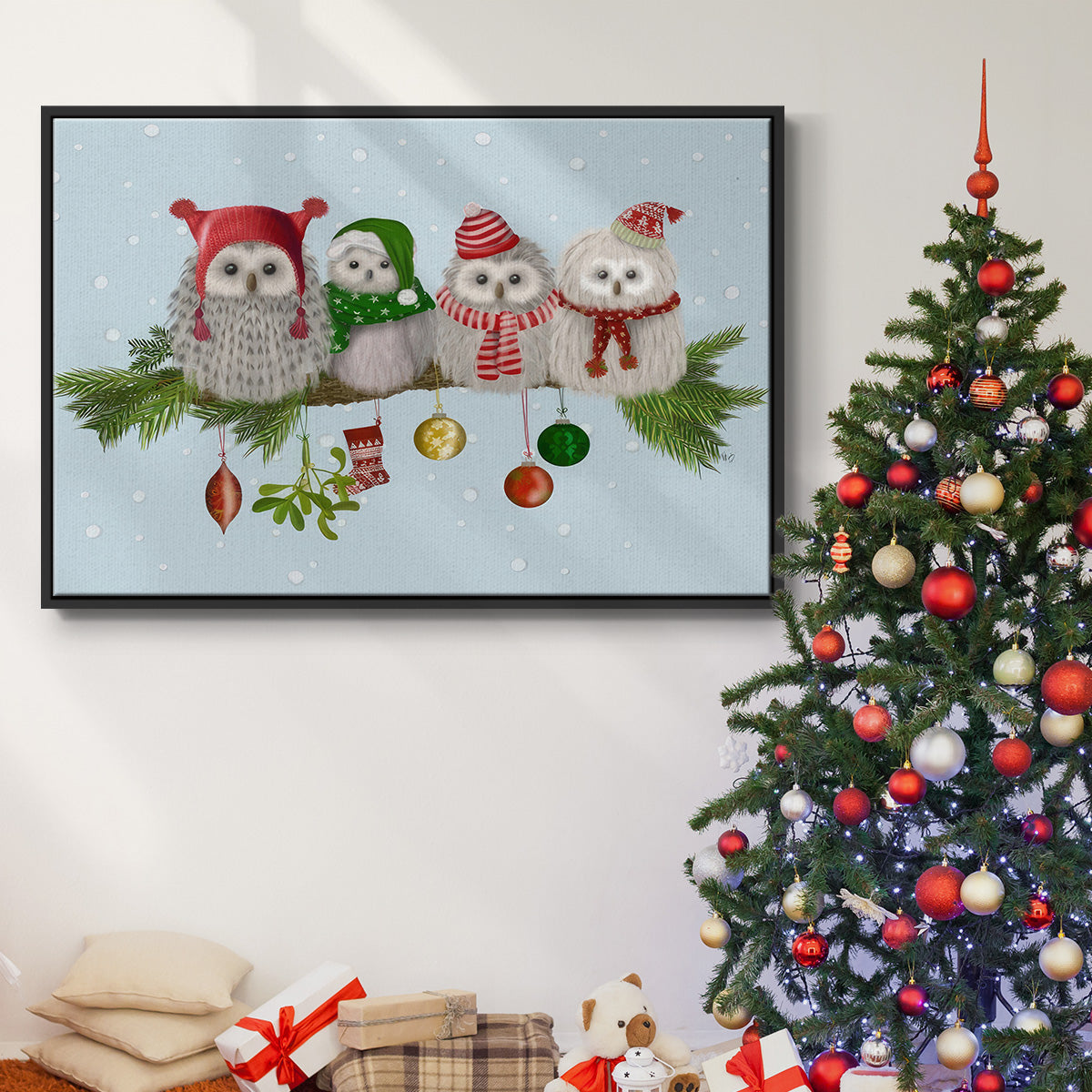 Fluffy Christmas Owls on Branch - Floater Framed Canvas Print