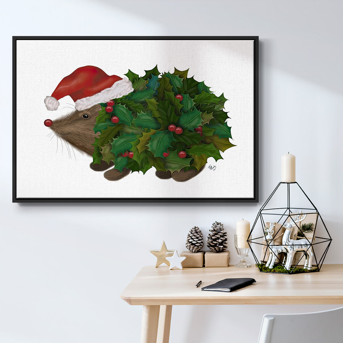 Christmas Holly Hedgehog - Floater Framed Canvas Print