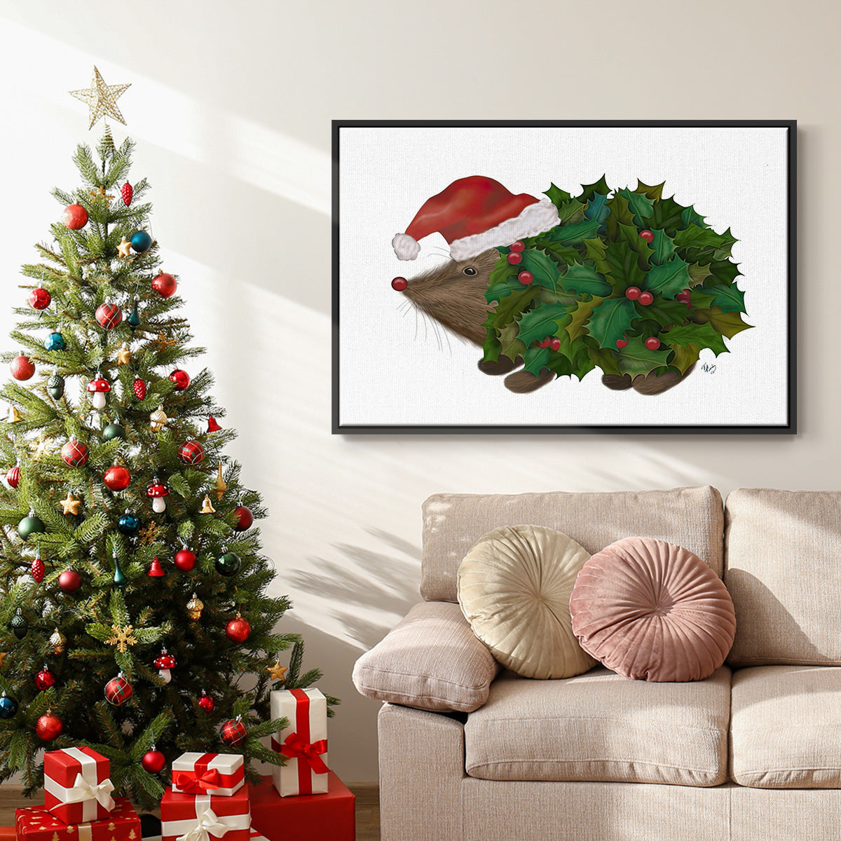 Christmas Holly Hedgehog - Floater Framed Canvas Print